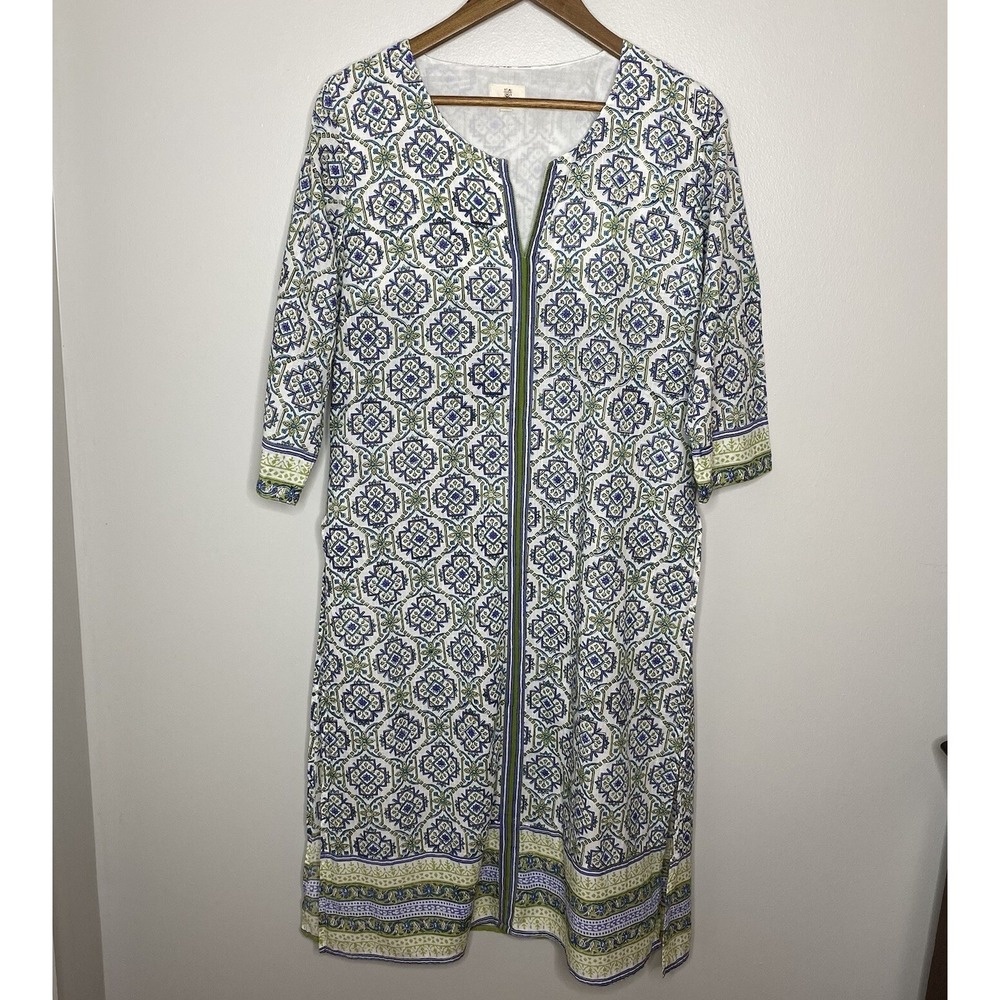 Anokhi Long Tunic 100% Cotton Dress India Midi Kaftan Floral Size M Boho Beachy